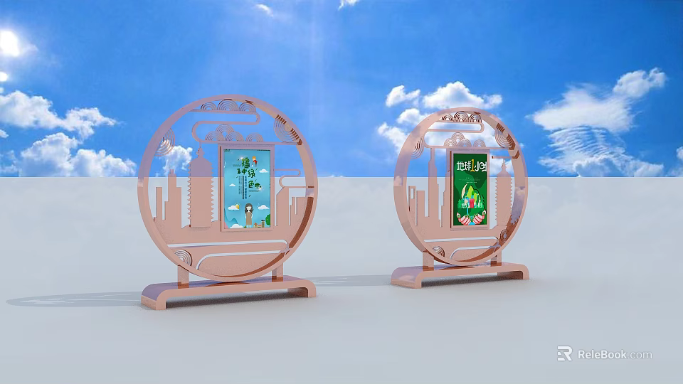 Ornamental Circular Carved Stands With Landscape Prints And Blue Sky Background 3d model 