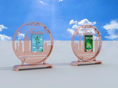 Ornamental Circular Carved Stands With Landscape Prints And Blue Sky Background 3d model