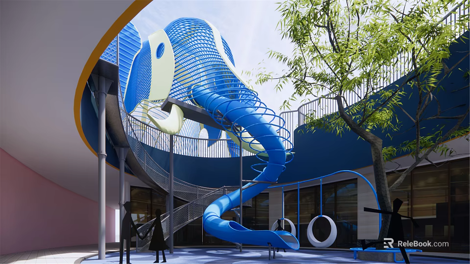 Outdoor Children's Play Area Featuring Blue Elephant Structure Spiral Slide And Green Trees 3d model 