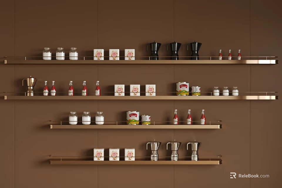 Stylish Wall Shelves Displaying Coffee Makers Bottles Jars Decorative Boxes and Trophy 3d model