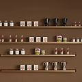 Stylish Wall Shelves Displaying Coffee Makers Bottles Jars Decorative Boxes and Trophy 3d model