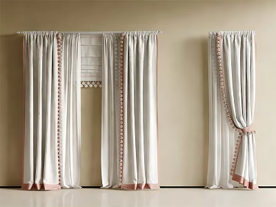 Elegant White Curtains With Pink Trim Double Layer Design And Tie Backs 3d model