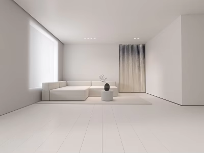White Modern Sofa And Coffee Table Set In Bright Minimalist Living Room With Curtains 3d model