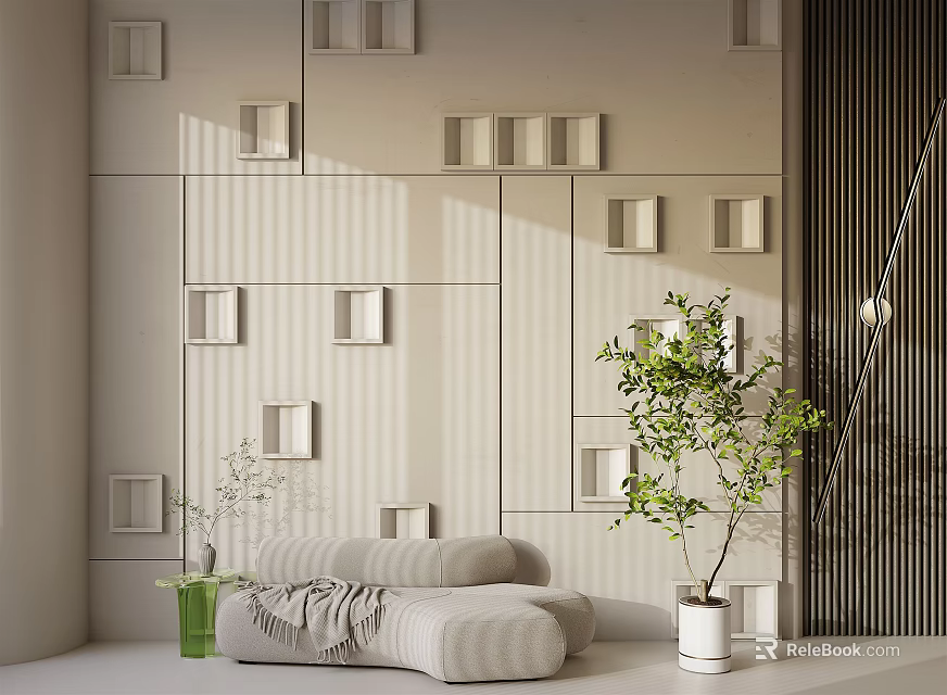 Minimalist Interior With Abstract Sofa Geometric Wall Design Green Plant And Natural Light 3d model 