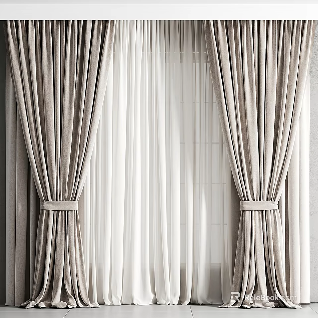 Beige Curtains With Sheer White Panels And Tiebacks For Window Light Filtering 3d model 