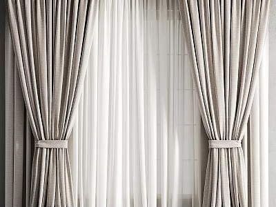 Beige Curtains With Sheer White Panels And Tiebacks For Window Light Filtering 3d model