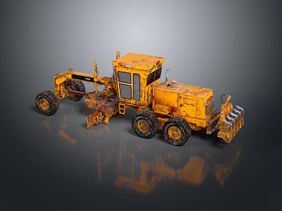 Yellow Old Construction Grader With Large Tires And Front Blade 3d model