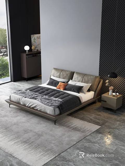 Modern Bedroom Double Bed With Leather Headboard Gray Quilt Pillows Nightstand And Black Lamp 3d model 