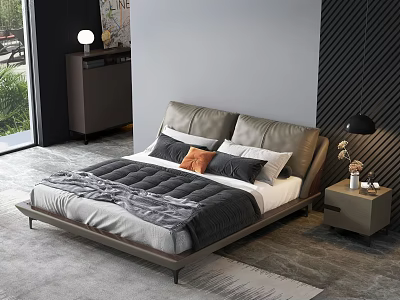 Modern Bedroom Double Bed With Leather Headboard Gray Quilt Pillows Nightstand And Black Lamp 3d model