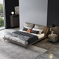 Modern Bedroom Double Bed With Leather Headboard Gray Quilt Pillows Nightstand And Black Lamp
