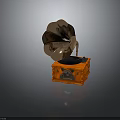 Vintage Gramophone Electronic Appliance With Brass Horn Orange Base And Ornate Turntable