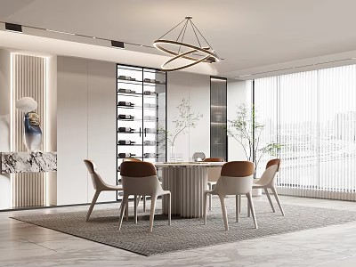 Modern Restaurant Interior With Round Dining Table Chairs Hanging Light Wine Rack And Large Window 3d model