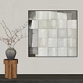 Modern Interior With Textured Panel Painting And Ceramic Vase On Wooden Stand