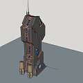 Futuristic Tower Like Structure With Black Orange Blue Stripes Decorative Patterns And Antenna