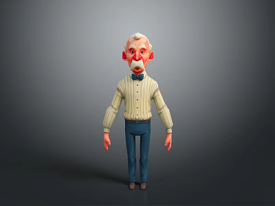 Cartoon Old Man With White Hair Mustache Striped Shirt Bow Tie And Blue Pants 3d model