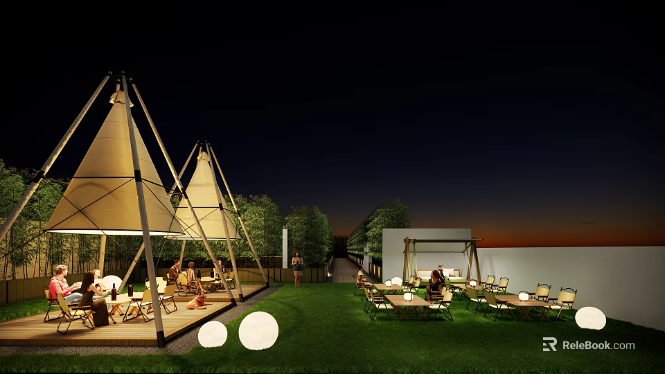 Outdoor Leisure Area With Tent Like Structures Grass Lawn Round Lights And Seating 3d model 