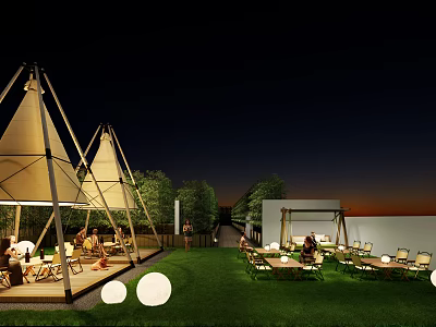 Outdoor Leisure Area With Tent Like Structures Grass Lawn Round Lights And Seating 3d model