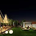 Outdoor Leisure Area With Tent Like Structures Grass Lawn Round Lights And Seating