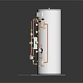 Cylindrical Industrial Equipment With White Body Base And Orange Yellow Pipes Valves Connections
