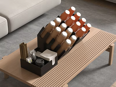 Orange And Beige Cups In Black Storage Organizer With Straws Tissues On Wooden Coffee Table 3d model