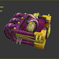 Vibrant Purple And Yellow Cartoon Style Mechanical Device With Curved Pipes And Round Buttons