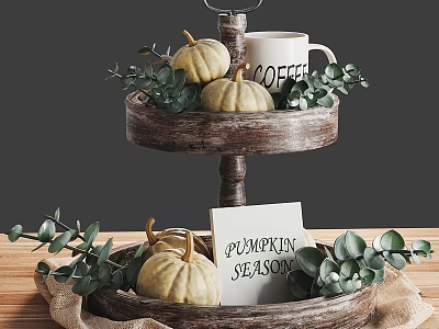 Two Tier Wooden Tray Decorative Set With Pumpkins Coffee Mug Pumpkin Season Card And Foliage 3d model