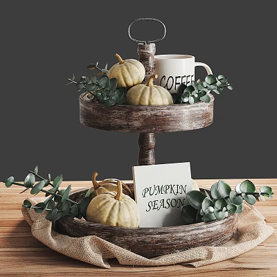 Two Tier Wooden Tray Decorative Set With Pumpkins Coffee Mug Pumpkin Season Card And Foliage 3d model