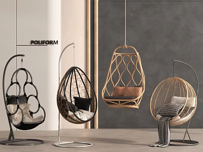 Stylish Modern Hanging Chairs Various Rattan Metal Frame Designs With Cushions 3d model