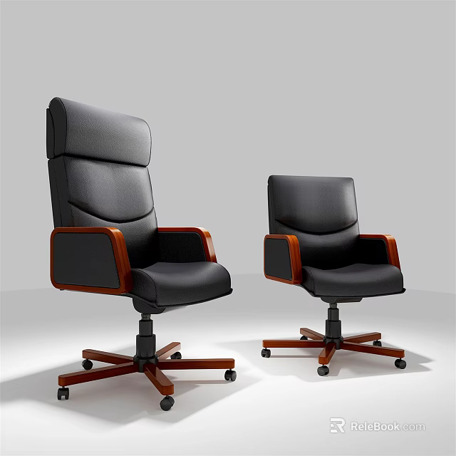 Black Leather Office Chair Featuring Wooden Armrests Swivel Wheels And Modern Design 3d model 