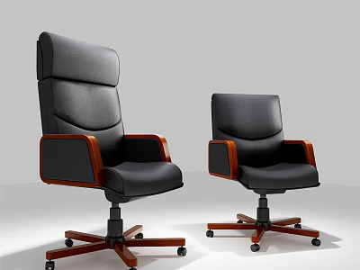 Black Leather Office Chair Featuring Wooden Armrests Swivel Wheels And Modern Design 3d model