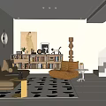 Warm Neutral Toned Living Room Interior With Comfortable Sofas Large Bookshelf And Tasteful Art Decorations