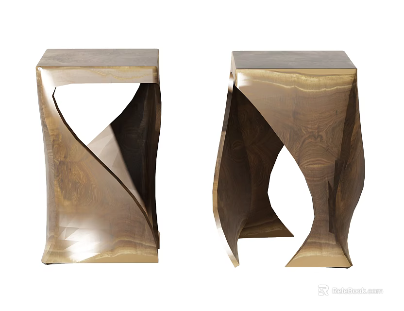 Pair of Modern Twisted Metallic Gold Stools With Artistic Sculptural Design 3d model 
