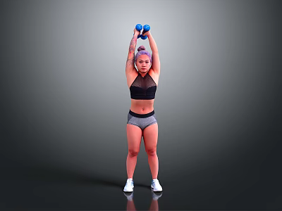 Active Woman Lifting Blue Dumbbells Over Head In Sport Bra And Shorts 3d model