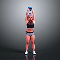 Active Woman Lifting Blue Dumbbells Over Head In Sport Bra And Shorts