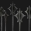 Long Handled Weapons With Various Metal Designs Displayed On Black Background 3d model