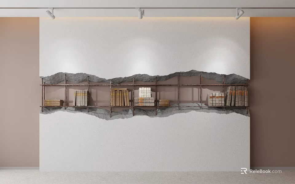 Modern Background Wall Interior Design With Layered Metal Shelves And Books 3d model 