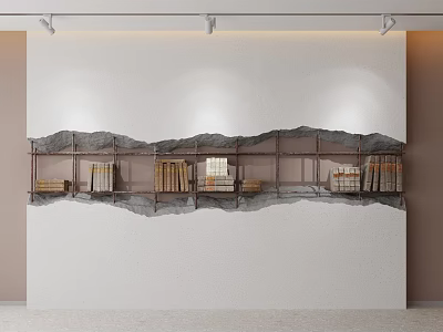 Modern Background Wall Interior Design With Layered Metal Shelves And Books 3d model
