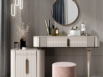 White Dressing Table With Round Mirror And Pink Upholstered Stool Geometric Drawers And Decorative Items 3d model