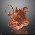 Red Anglerfish With Large Mouth Sharp Teeth Head Lure Structure And Fin Protrusions