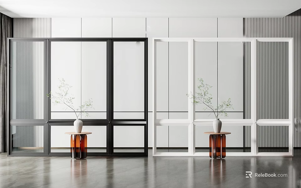 Modern Interior With Floor to Ceiling Windows Black And White Frames Side Table Vase Plant 3d model 