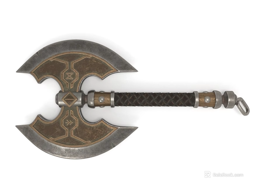 Double Bladed Battle Axe With Ornate Metallic Design And Braided Handle 3d model 