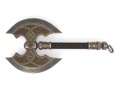 Double Bladed Battle Axe With Ornate Metallic Design And Braided Handle 3d model Double Bladed Battle Axe With Ornate Metallic Design And Braided Handle 3d model