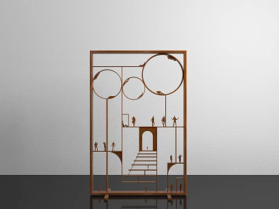 Modern Art Installation With Wooden Frame Circular Cutouts Staircase And Small Figures 3d model