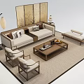 Chinese Style Sofa Coffee Table Set With Screen Floor Lamp Wooden Chairs And Woven Rug