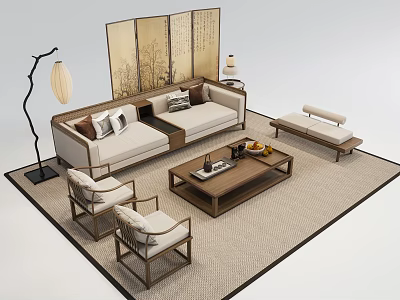 Chinese Style Sofa Coffee Table Set With Screen Floor Lamp Wooden Chairs And Woven Rug 3d model