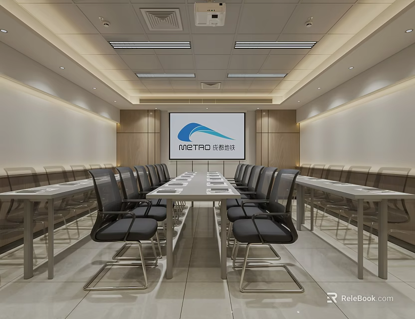 Modern Conference Room Interior With Long Table Black Chairs Large Screen And Company Logo 3d model 