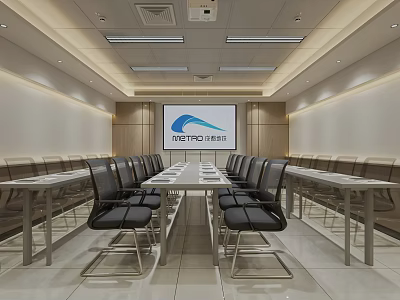 Modern Conference Room Interior With Long Table Black Chairs Large Screen And Company Logo 3d model
