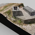Weathered Concrete Structures With Square Openings Rusty Metal And Grassy Mossy Surroundings