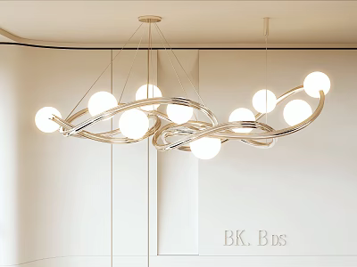Modern Contemporary Chandelier With Circular LED Bulbs And Wavy Metal Frame Design 3d model