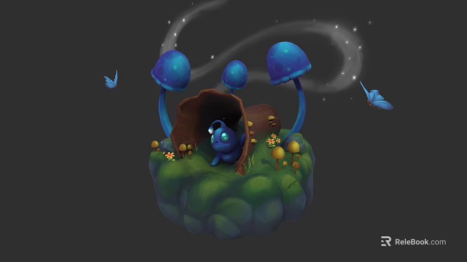 Enchanting Plant Painting With Blue Mushrooms Small House Green Grass And Sparkling Effects 3d model 